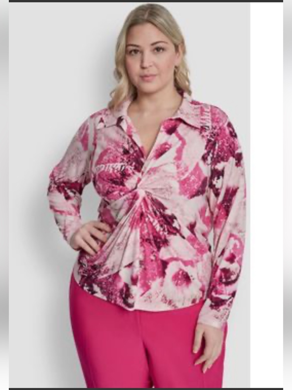 DKNY Pink and White Abstract Twist-Front Long Sleeve Top M NWOT